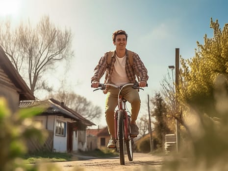 A young European man happily cycling through the countryside, dawn.
