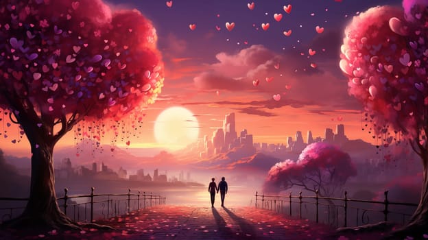 A couple walks hand-in-hand in a whimsical park adorned with heart-shaped leaves at sunset, city skyline in the distance.