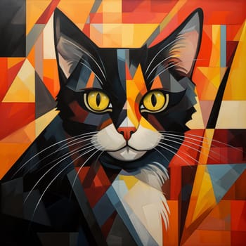 A striking modern art portrait of a tuxedo cat with vivid geometric patterns and captivating yellow eyes.