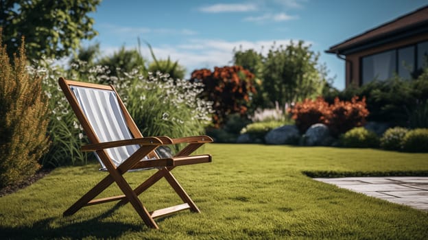 A striped chaise longue stands on a bright green neat lawn in the garden, in the sunlight.