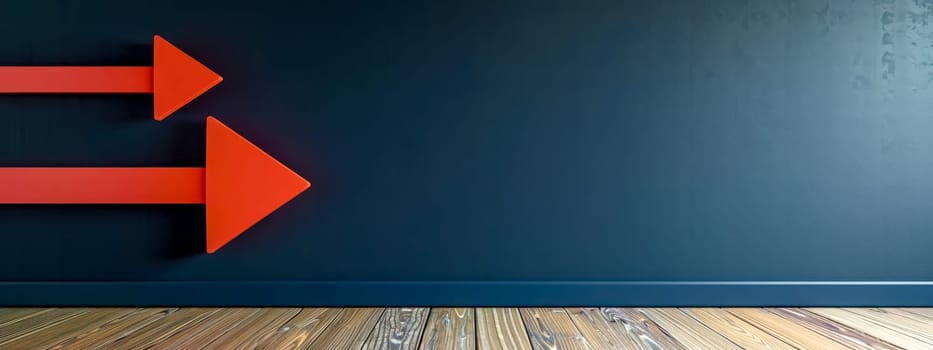 two bold red arrows pointing in opposite directions against a dark blue wall, casting shadows over a wooden floor. This could symbolize a crossroads, decision, or directional choice, banner copy space