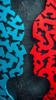 interlocking puzzle pieces in contrasting colors of blue and red, textured black background, complexity, connectivity, problem-solving, or the interplay between differing concepts or entities, vertical