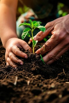 A child plants a tree in the garden. Selective focus. Nature.