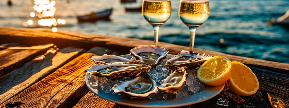 Oysters glasses with wine on the seashore. Selective focus. Food.