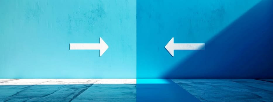 minimalistic and striking visual metaphor with two opposing white arrows on a blue background, divided by a shadow line, conveying a concept of choice, direction, or decision-making, banner