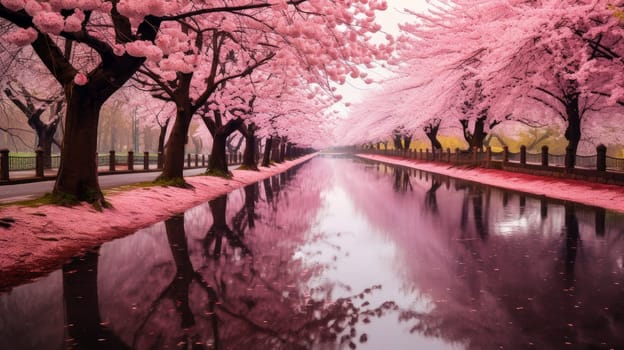 Blooming pink sakura cherry trees in a garden park. Romance and love, tenderness. Abstract natural spring background light rosy dark flowers close up. Colorful artistic image with soft focus and beautiful bokeh in summer spring