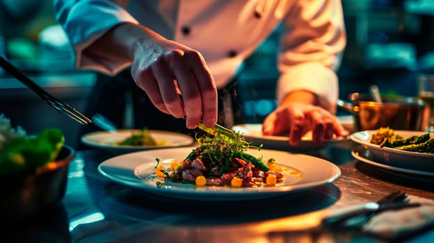 The chef makes a presentation of the dish. Selective focus. Food.