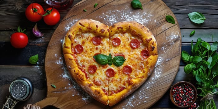 Heart shaped pizza for Valentines day on dark rustic wooden background pragma