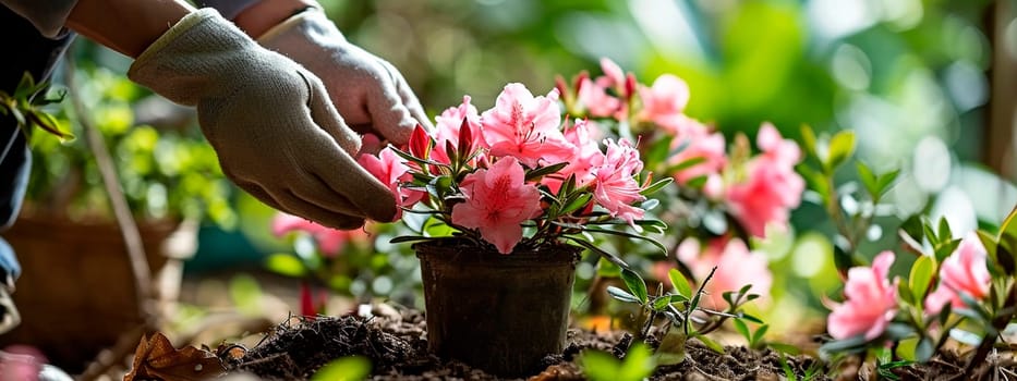 A gardener takes care of azaleas in the garden. Selective focus. Nature.