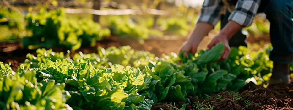 A farmer collects lettuce in his garden. Selective focus. Food.