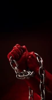 bloodied hands clenched into fists in the shackles of a metal chain symbolize slavery, protest and struggle for freedom