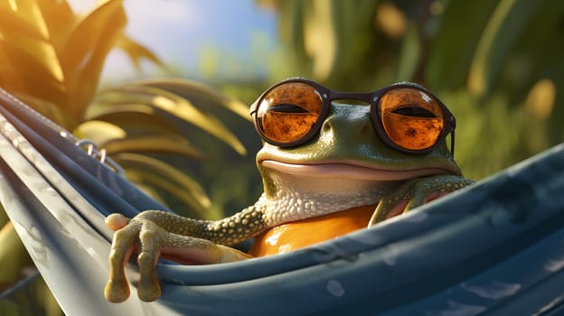A charming frog sporting sunglasses lies back in a blue hammock, basking in the sunlight amidst tropical foliage.