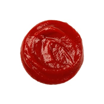 Close up wet stain of red ketchup tomato sauce isolated on white background, top view, directly above