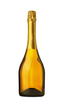 Close up one full unopen yellow brown glass bottle of champagne or prosecco white sparkling wine with golden foil, no paper label, isolated, cut out PNG on transparent background
