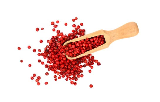 Close up one wooden scoop full of red pink pepper peppercorns spilled and spread around isolated on white background, elevated top view, directly above