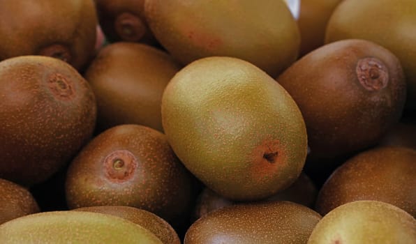 Close up fresh tropical kiwi fruits on retail display of farmer market, high angle view