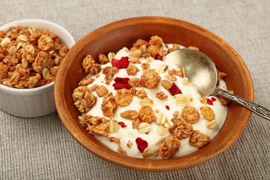 Close up portion of muesli granola breakfast with yogurt, fruits and berries, high angle view