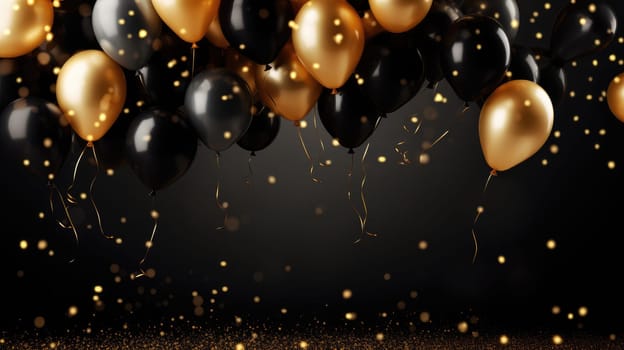 Luxury balloon background border frame in gold and black color. Banner design AI
