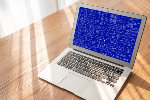 Mathematic equations and modish formula on computer screen showing concept of science and education