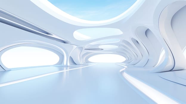 White futuristic tunnel leading to light. Wide angle. White futuristic background AI