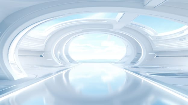 White futuristic tunnel leading to light. Wide angle. White futuristic background AI