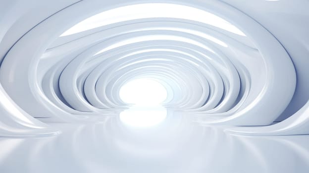 White futuristic tunnel leading to light. Wide angle. White futuristic background AI