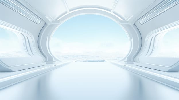 White futuristic tunnel leading to light. Wide angle. White futuristic background AI