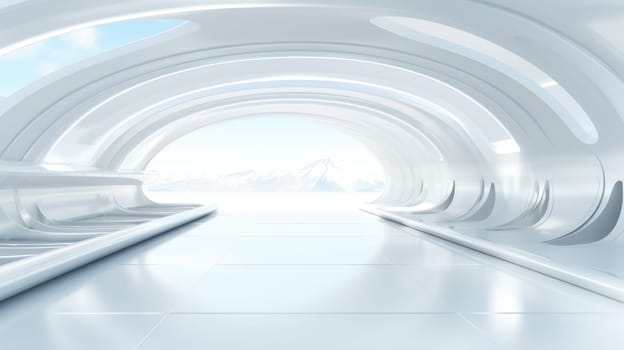 White futuristic tunnel leading to light. Wide angle. White futuristic background AI