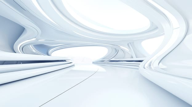 White futuristic tunnel leading to light. Wide angle. White futuristic background AI