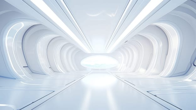 White futuristic tunnel leading to light. Wide angle. White futuristic background AI