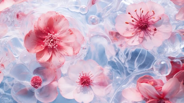 Abstract background of close up of pink and red frozen flowers in ice AI