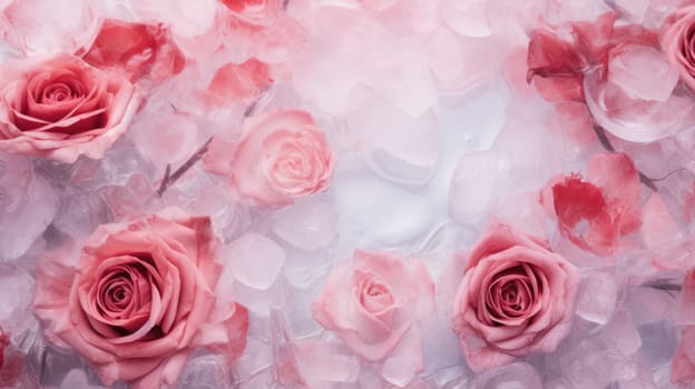 Abstract background of close up of pink and red frozen flowers in ice AI