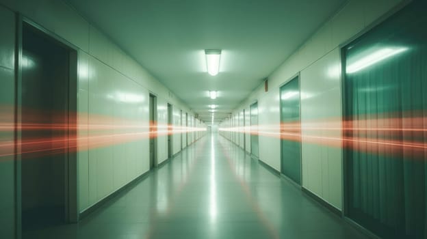 Blur image background of corridor in hospital or clinic. Modern hospital interior, medical and healthcare concept AI