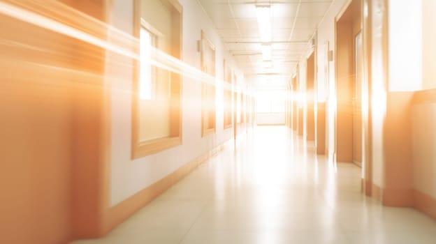 Blur image background of corridor in hospital or clinic. Modern hospital interior, medical and healthcare concept AI