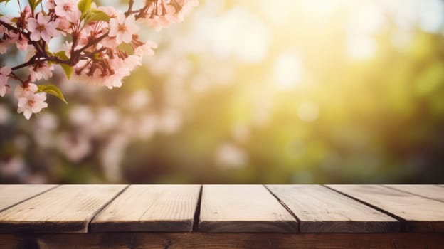 Wooden board empty table background. Abstract blurred spring nature background AI