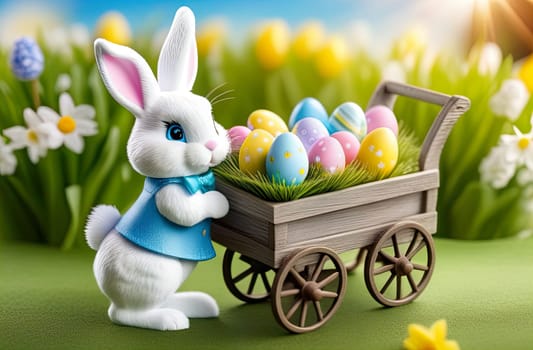 Easter bunny symbol and online store concept. cute white bunny rolls a cart full of Easter eggs and flowers