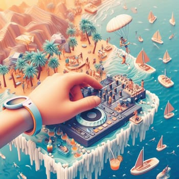 young deejay, wear glasses earphone hosting dj set at crowded beach party tropical island isometric ai generative ai art