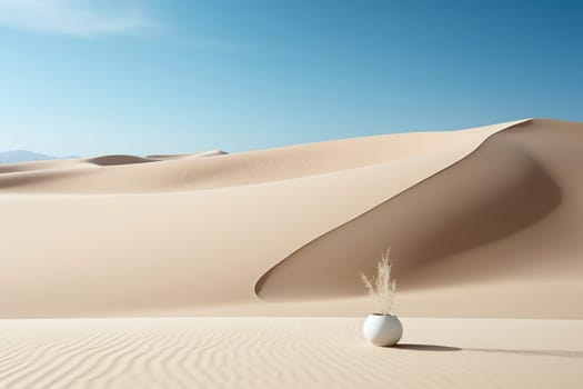 White vase with a dry plant in the middle of the desert dunes.