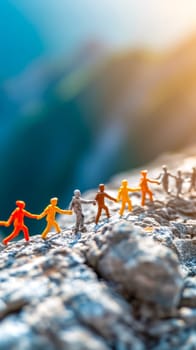 row of miniature figures in various colors holding hands atop a rugged terrain, symbolizing unity, teamwork, and cooperation against a blurred natural backdrop, illuminated by a soft light. vertical
