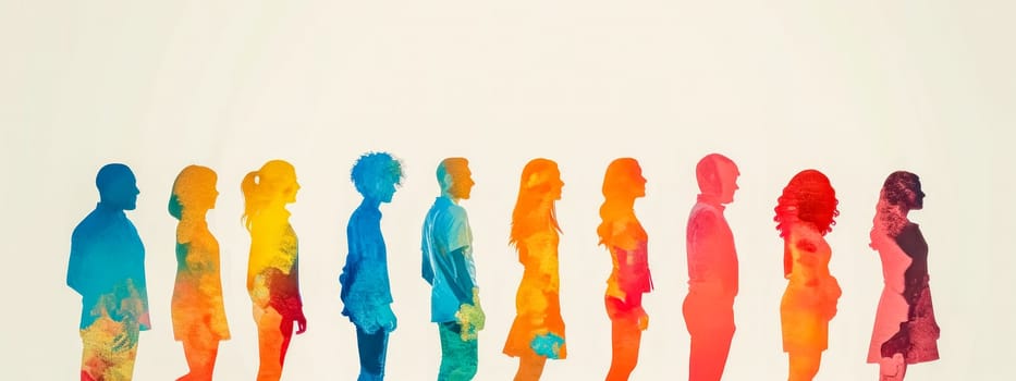 row of human silhouettes in profile, each rendered in a different watercolor hue, symbolizing diversity, individuality, and community on a light background, banner