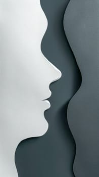silhouettes of two human profiles facing each other, creating a visual metaphor for dialogue, relationships, or psychological concepts, with a stark contrast between light and dark shades, vertical