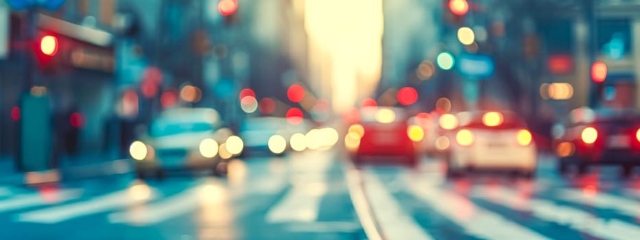 blurred city street scene with bokeh lights from traffic signals and cars, creating an urban atmosphere. banner with copy space