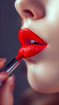 woman's lips being painted with vibrant red lipstick, highlighting the beauty of makeup artistry. vertical