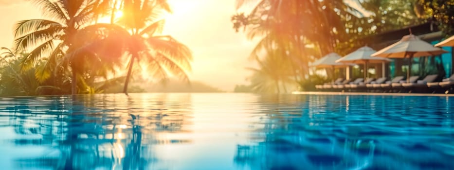 luxurious infinity pool with crystal blue waters, flanked by palm trees with a sunset background creating a serene tropical ambiance. banner with copy space