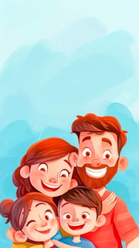 happy cartoon family with a father, mother, daughter, and son smiling together against a light blue background, vertical, copy space