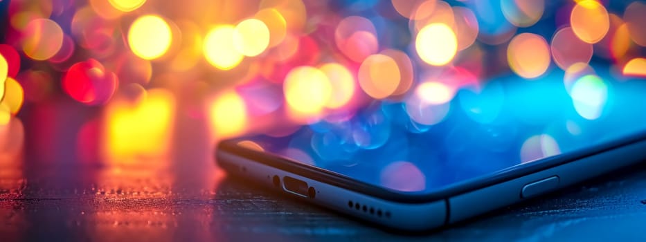 smartphone on a textured surface with a vivid display of bokeh lights in the background, symbolizing connectivity and modern communication. banner with copy space