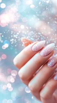 hand showing off beautifully manicured nails with a sparkling, glittery finish, set against a soft, dreamy background with light bokeh, conveying a sense of elegance and attention to beauty detail.