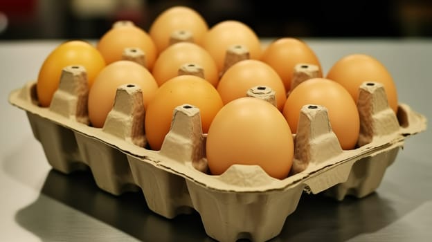 A gold-colored eggs lie in a cardboard package on the table. Close up