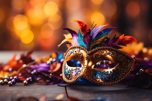Carnival mask with bright feathers and abstract defocused bokeh lights. The concept of masquerade, carnival.