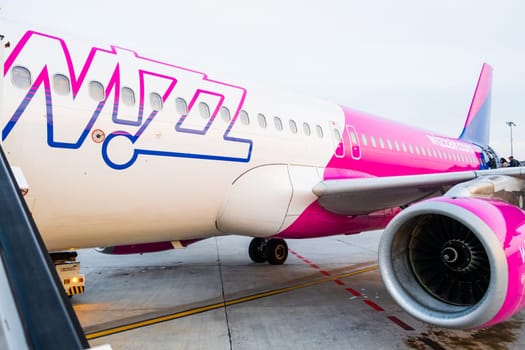 The Wizzair aircraft is prepared for passenger boarding, January 2024, Prague, Czech Republic